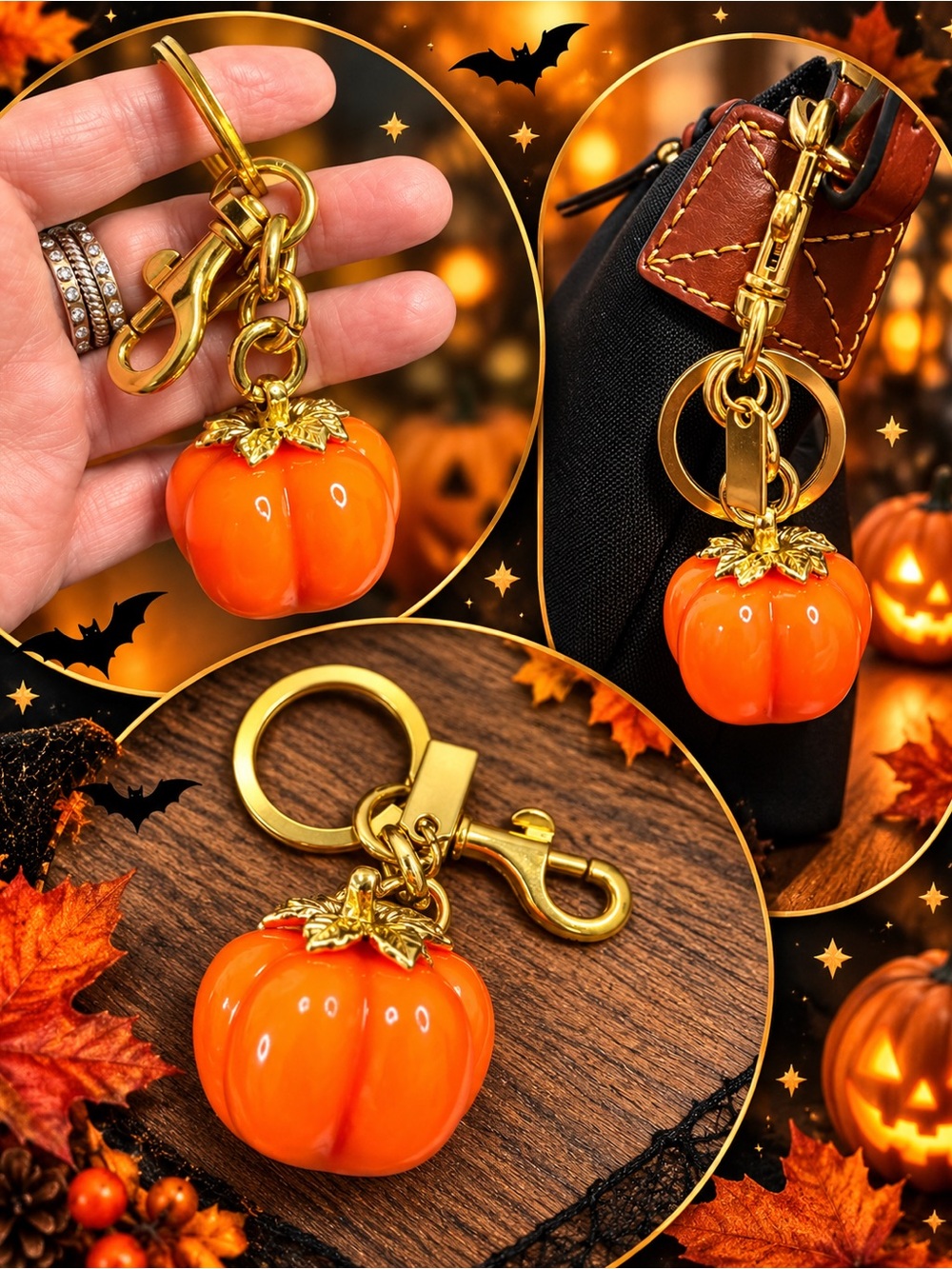 Orange Pumpkin Bag Charm Keychain – Gold-Tone Hardware – Halloween/Fall Accessor
